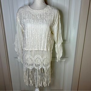 VTG Choon Womens Size 10 Lace Blouse Fringe Cream Festival 90s Flower Ivory Boho